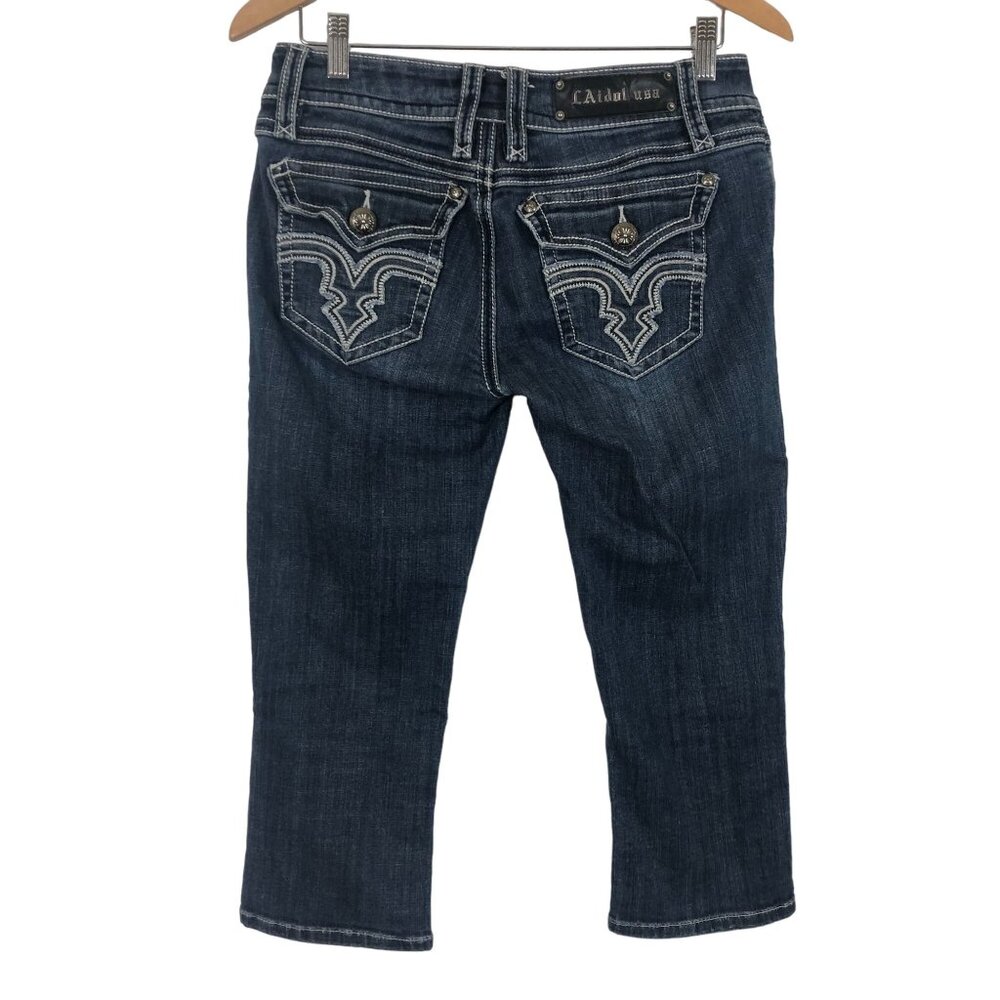 L.A. Idol Womens Denim Capris Sz 9 Jrs Medium Wash Flap Pockets Embellished